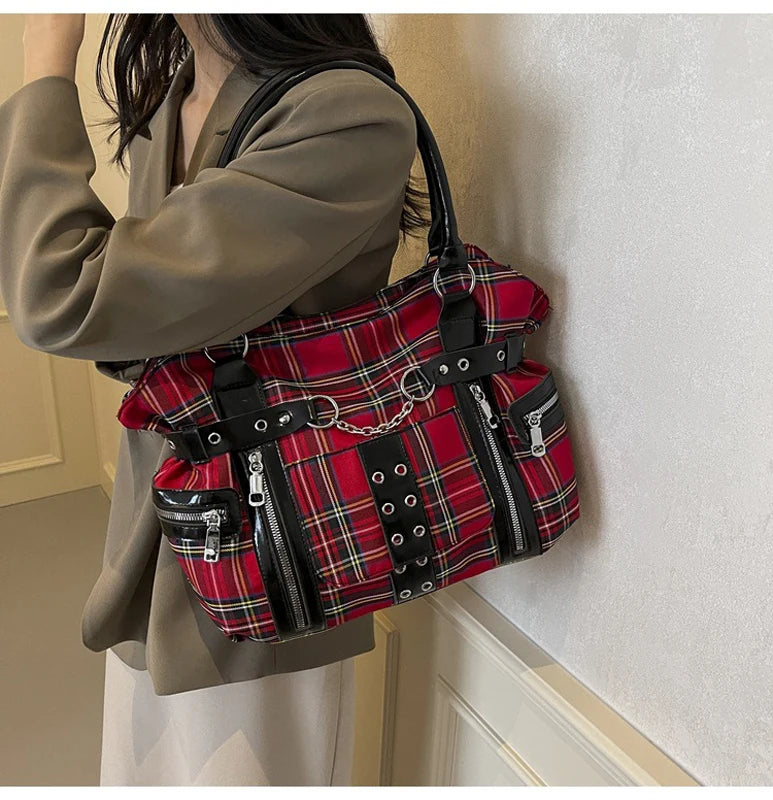SHELKSBAG Punk Plaid Shoulder Bag Rise Up Gothic Alternative Handcuff Top Handle Tote Women 2025 Trendy New in Crossbody Bags