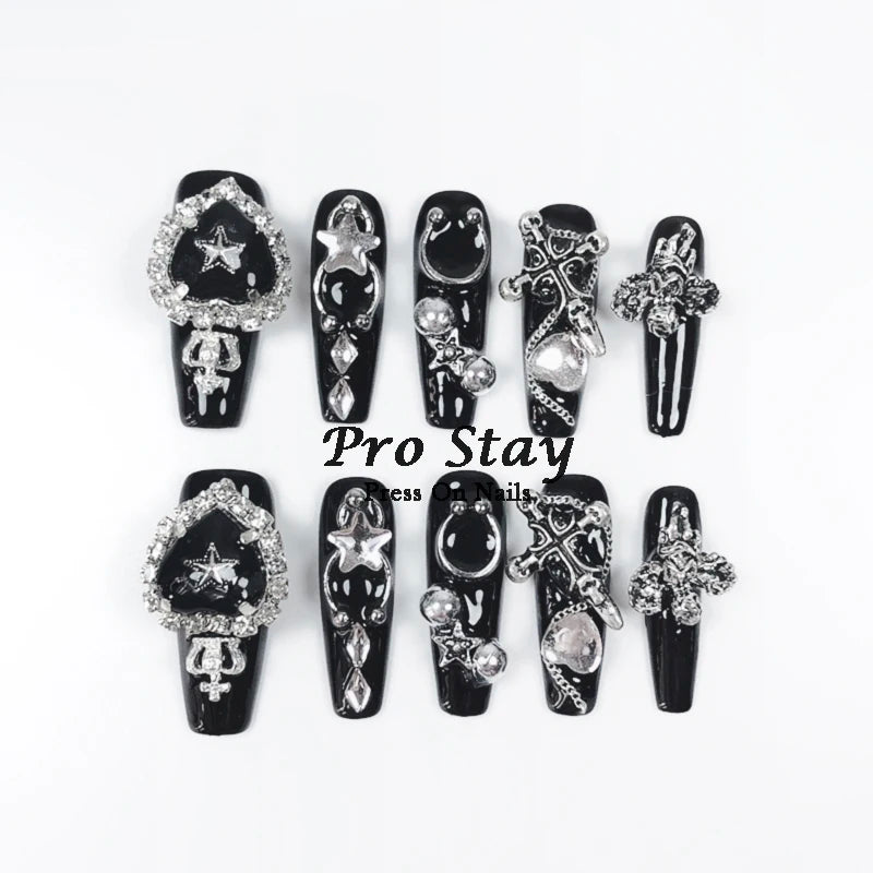 10pcs Dark black Y2k Hot Girl Handmade Press On Nails Sweet Cool  With Diamond Metal Decoration Wearable Artificial False Nail
