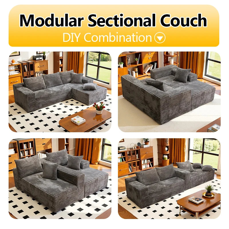 105Inch L-Shaped Living Room Sofa, No Assembly Required, Cozy Corduroy Fabric, Sofa Bed Convertible, Minimalist Deep Seat Design