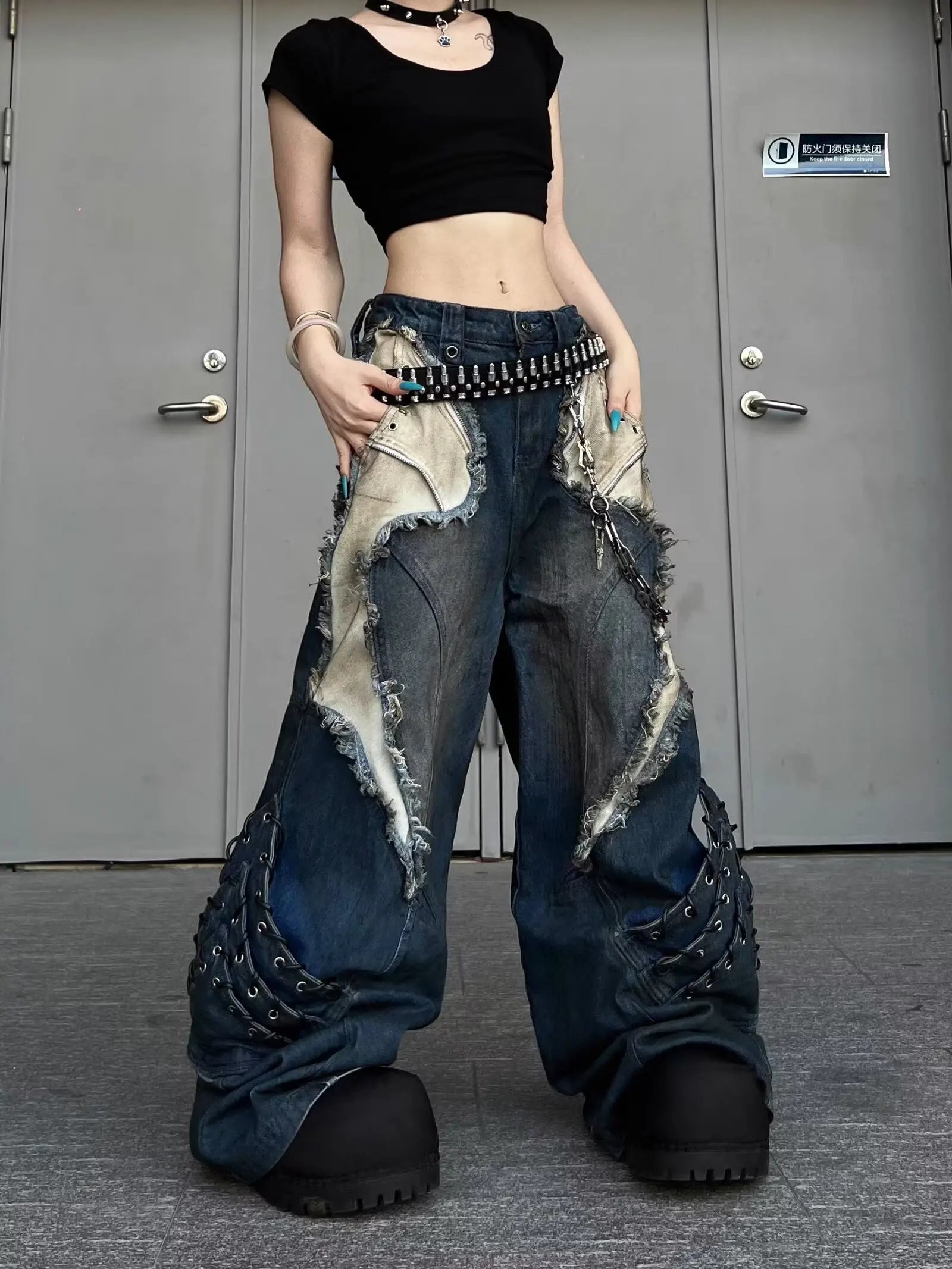 Vintage Patchwork Distressed Jeans Hip Hop Loose Wide Leg Cargo Pants Women's Washed Distressed Denim Trousers