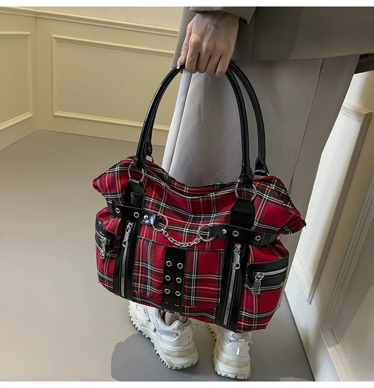 SHELKSBAG Punk Plaid Shoulder Bag Rise Up Gothic Alternative Handcuff Top Handle Tote Women 2025 Trendy New in Crossbody Bags