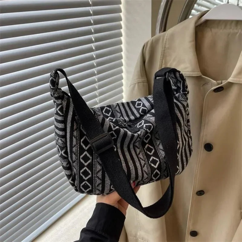 Tribal Style Shoulder Bag, Foldable Crossbody with Zipper Closure, Striped Pattern, Edge Painted Lining