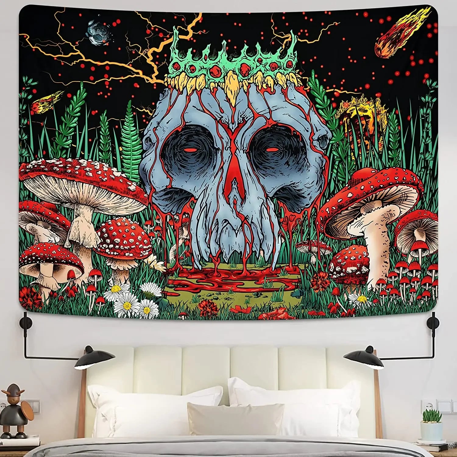 Gothic Skull Tapestry Black and White Skeleton Tapestry Wall Hanging for Bedroom Hippie Eyes Boho Home Decor Trippy Moon Cloth