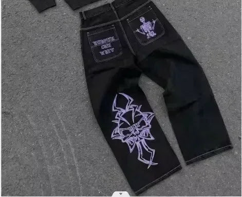 American Retro Y2K Rhinestone Lace Pocket Jeans Womens Low Waist Worn Baggy Jeans Fashionable Casual Wide Leg Trousers