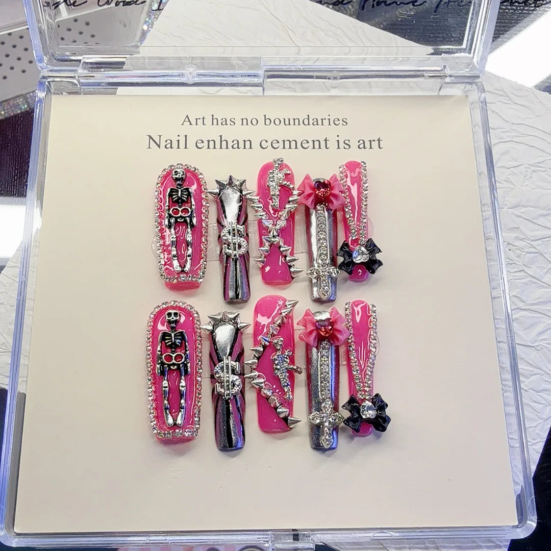 10pcs Handmade Gothic Punk Press on Nails Sweet Cool 3D Meatl Skull Fake Nails Wearable European Rhinestone Design False Nails