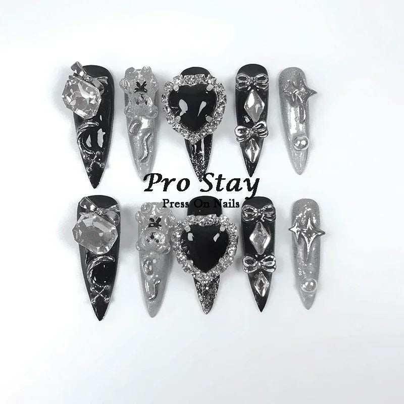 10pcs Dark black Y2k Hot Girl Handmade Press On Nails Sweet Cool  With Diamond Metal Decoration Wearable Artificial False Nail