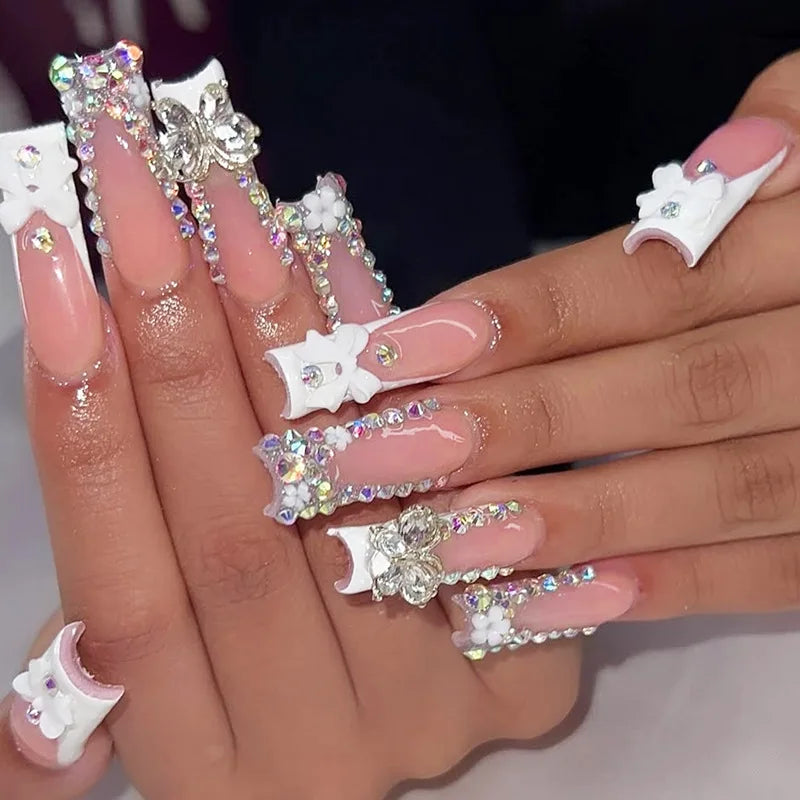 24Pcs Long Coffin French False Nails with Glue Bow Diamond Stick on Press on Acrylic Nails Black Ballerina Nail Art Manicure Tip