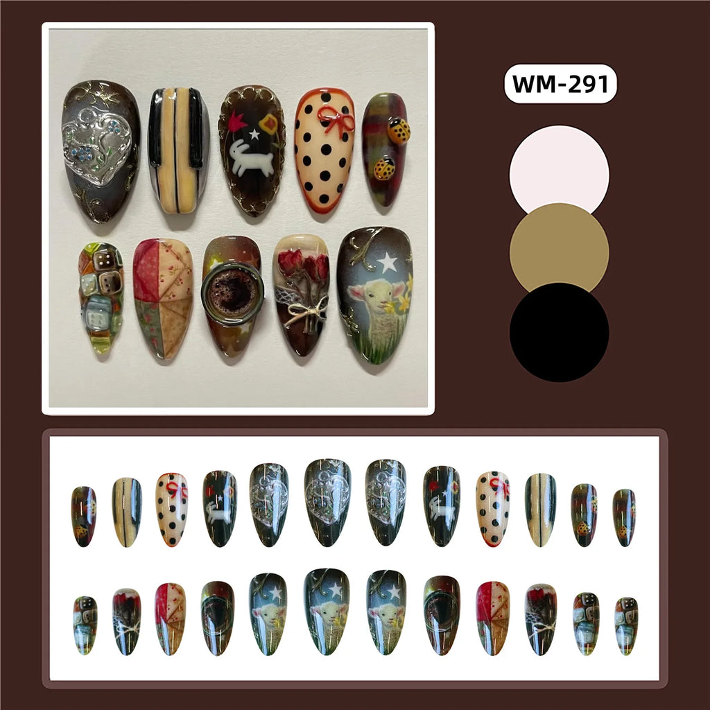 24pcs Vintage Country Style False Nails Cute Cartoon Little Lamb Rabbit Rose Printed Press On Nails Wave Point Bows Fake Nail