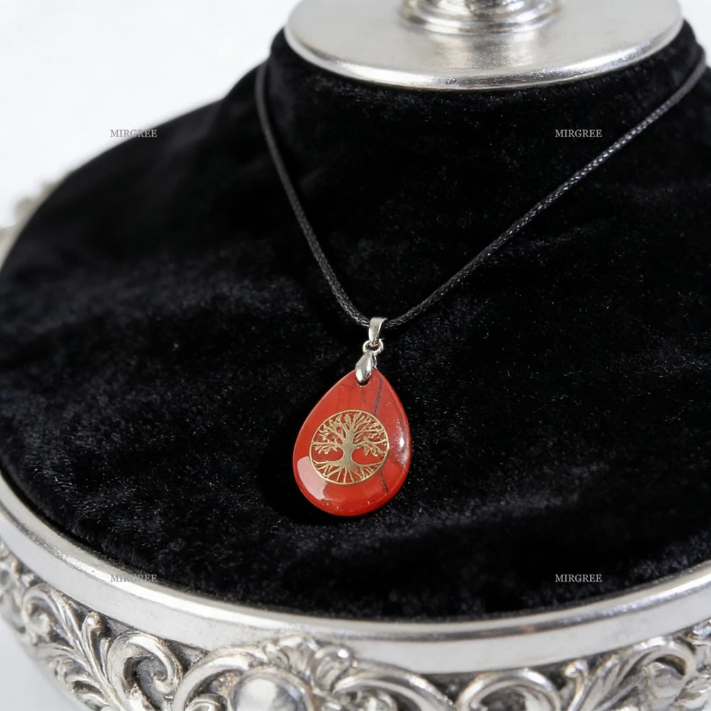 1pc Natural Gemstone Tree of Life Water Drop Pendant Necklace Spiritual Jewelry Birthday and Holiday Gift Jewelry