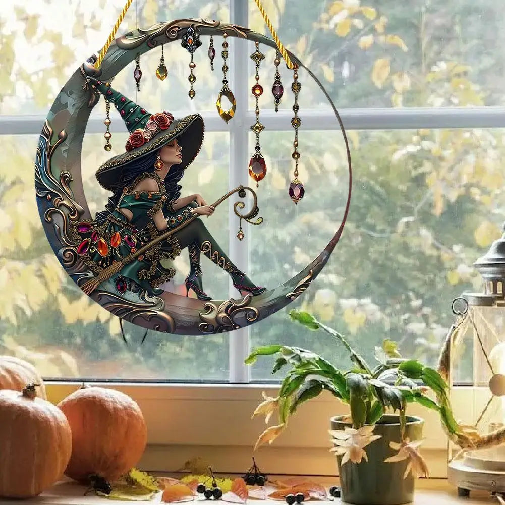 8x8 inch Charming Moonlight Witch Acrylic Stained Glass Window Hanging Sun Catcher Decor Stained Panel Hangings Wall Art Decor