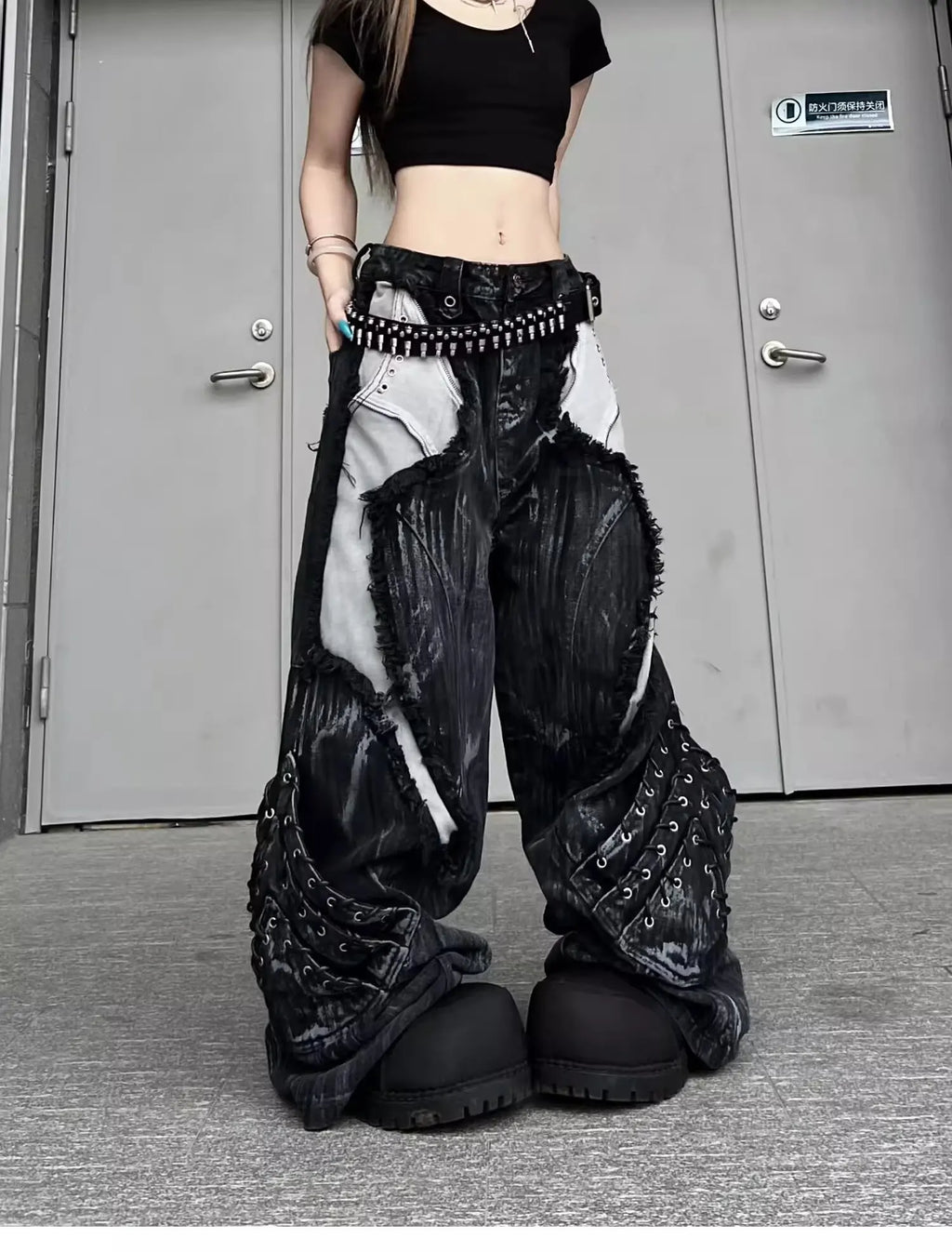 Vintage Patchwork Distressed Jeans Hip Hop Loose Wide Leg Cargo Pants Women's Washed Distressed Denim Trousers