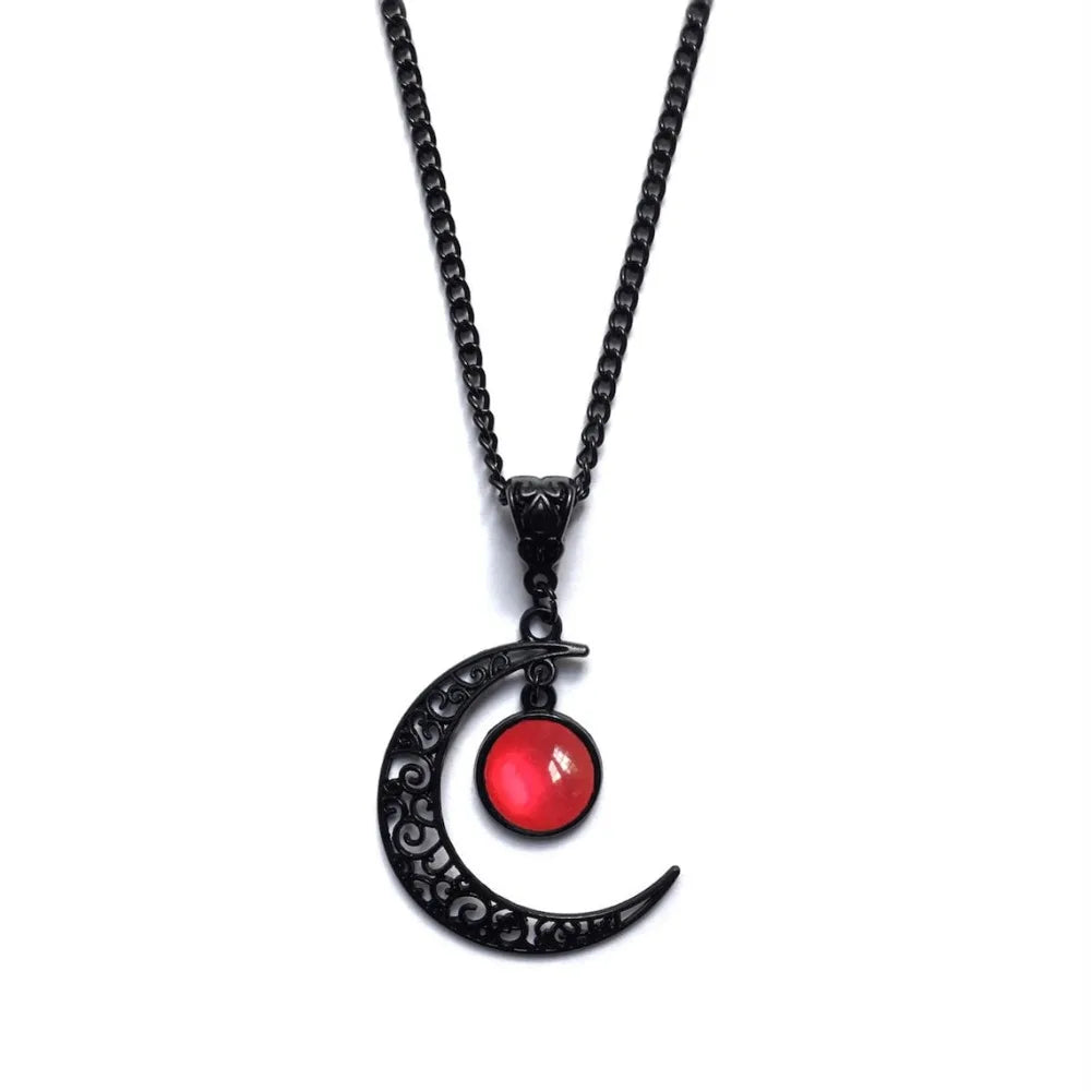 Women Gothic Black Moon Necklace Fashion Mystery Punk Witch Jewelry Accessorie Gift Vintage Hollow Colorful Stone Pendant Choker