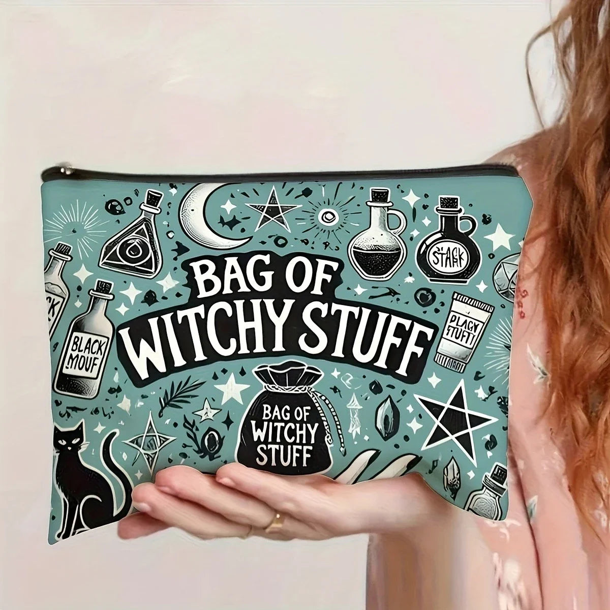 Mystical Witchy Makeup Bag Bohemian Mushroom Zipper Cosmetic Pouch Witch-Themed Printt Moon & StarsTravel Bag Halloween Gift