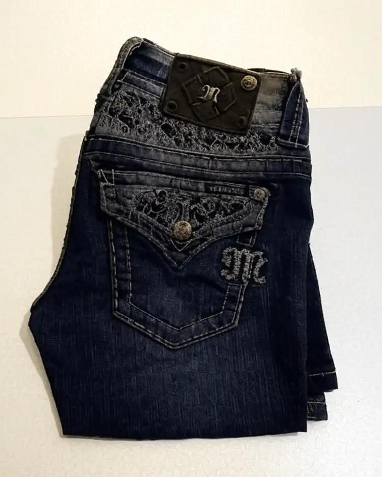 American Retro Y2K Rhinestone Lace Pocket Jeans Womens Low Waist Worn Baggy Jeans Fashionable Casual Wide Leg Trousers