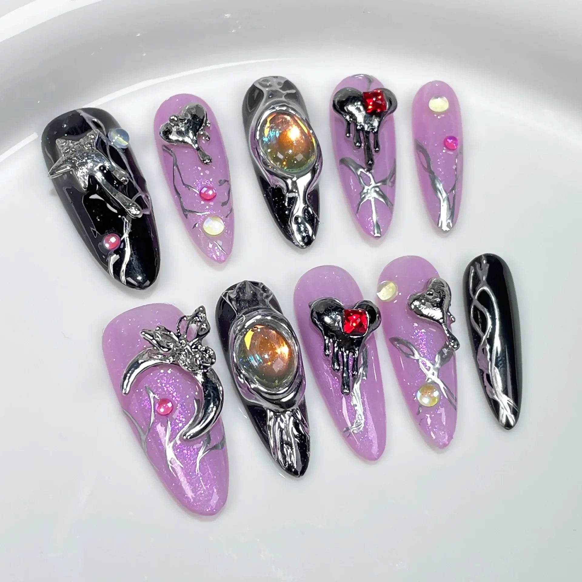 10pc Detachable Long Stilette Ballet False Nails with Butterfly Camellia Design Y2k Hot Girl Full Cover Artificial Press on Nail