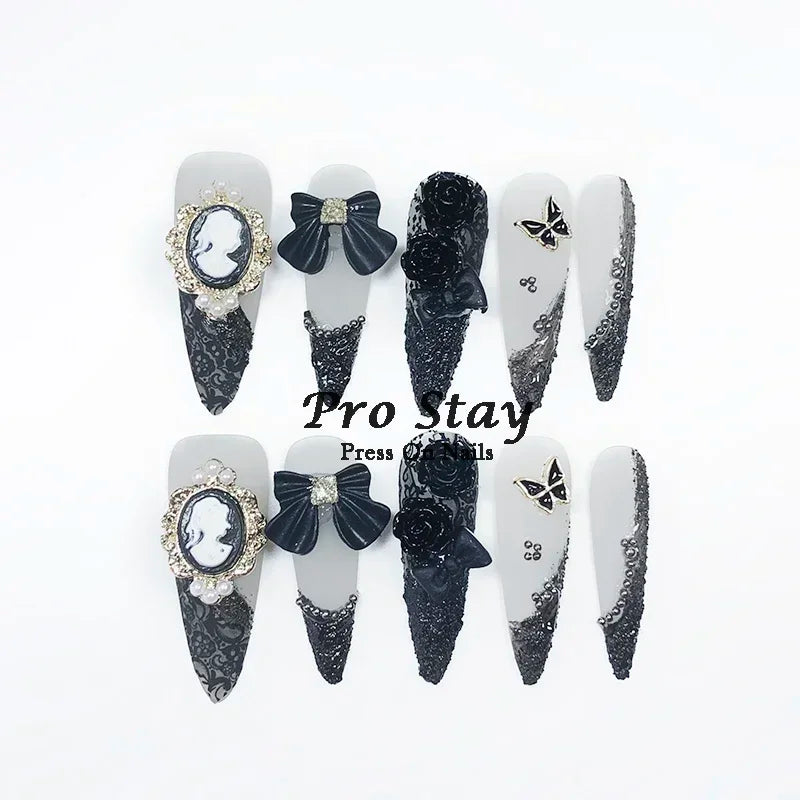 10pcs Dark black Y2k Hot Girl Handmade Press On Nails Sweet Cool  With Diamond Metal Decoration Wearable Artificial False Nail