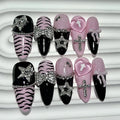 Y2K Baddie Gyaru Black Pink Long Tip French Press On Nails Jirai Nail 3D Bow Star Cross Love Zebra Print Yami Kawaii Fake Nails