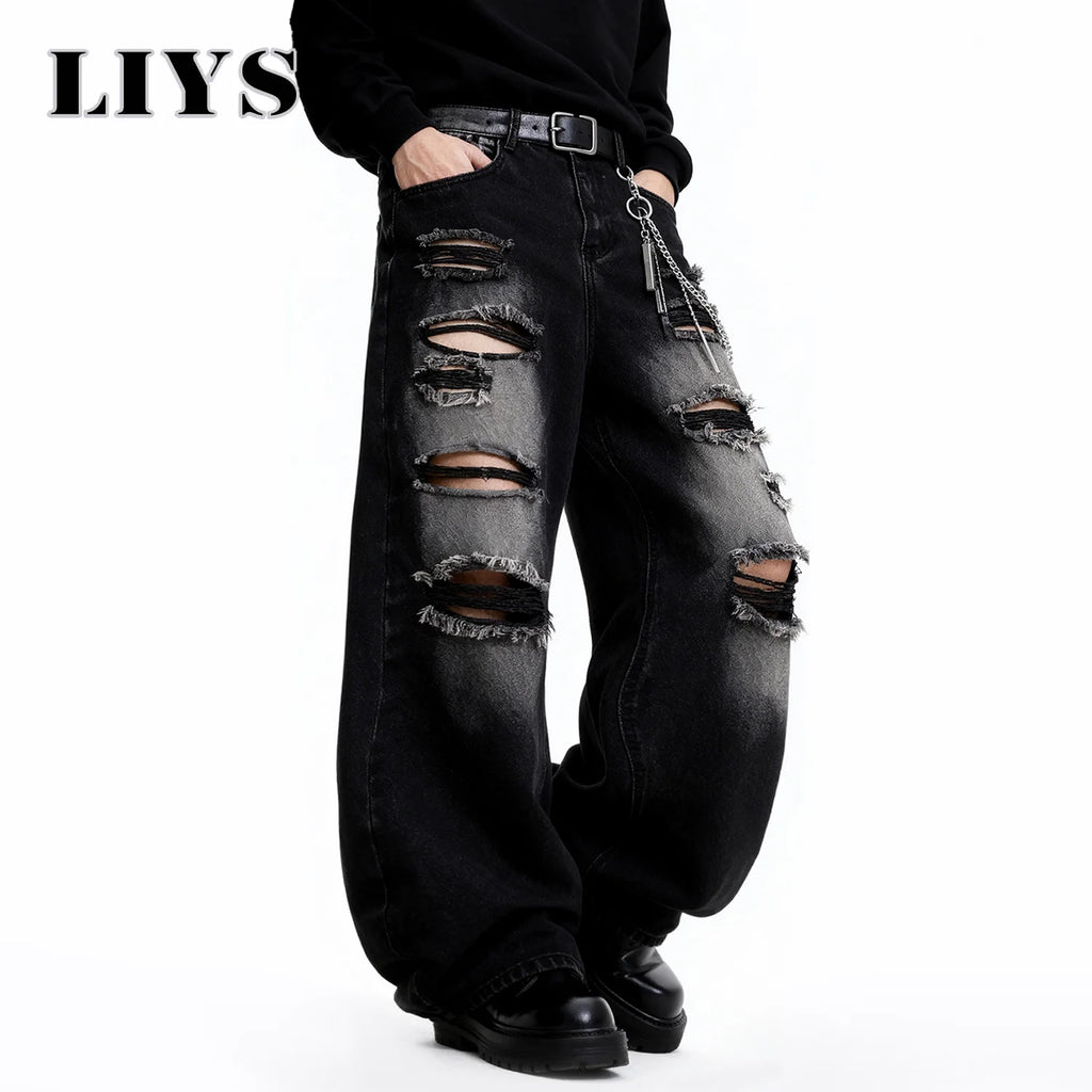 American Street Retro Men's Black Baggy Wide Leg Ripped Jeans Gothic Tear Style Unisex Loose Straight Leg Denim Pants Clothes