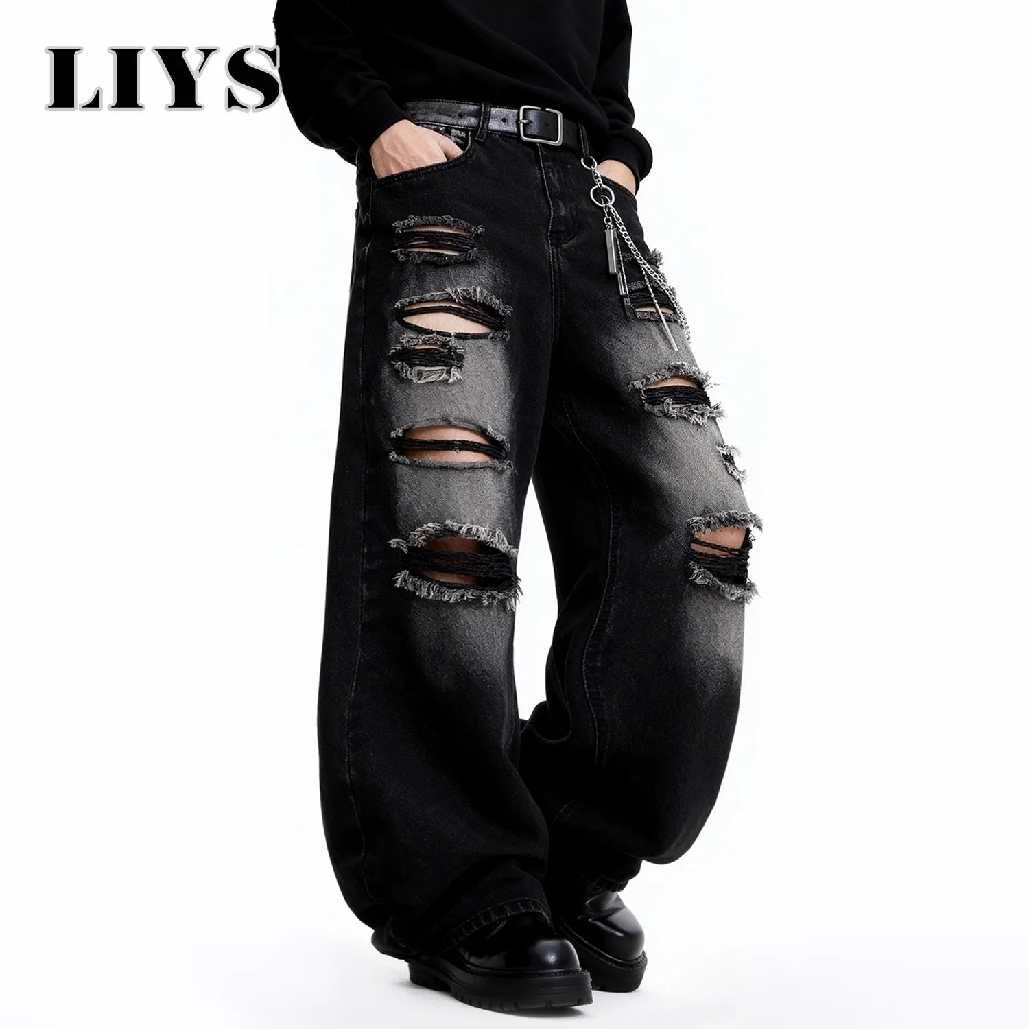 American Street Retro Men's Black Baggy Wide Leg Ripped Jeans Gothic Tear Style Unisex Loose Straight Leg Denim Pants Clothes