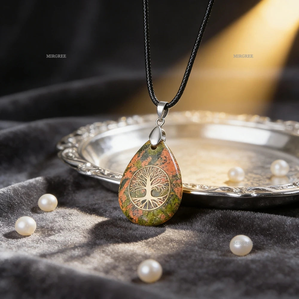 1pc Natural Gemstone Tree of Life Water Drop Pendant Necklace Spiritual Jewelry Birthday and Holiday Gift Jewelry