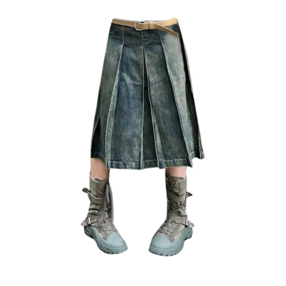 American Style Gothic Denim Skirts Women Streetwear Y2k High Waisted Vintage A- Line Middle Long Dress Trendy Fashionable Skirts