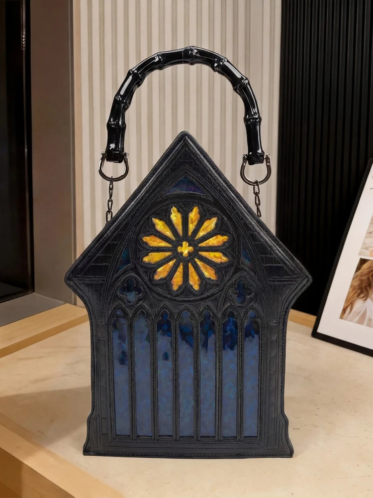 Niche Gothic Chapel Handbag for Women Unique Stained Glass Cathedral Tote Bag Bamboo Crossbody Bag for Dark Grunge Aesthetic