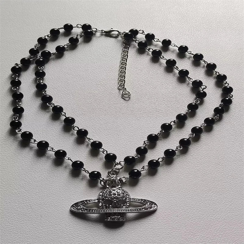 Y2K Crystal Skull Pendant Necklaces Punk Charms Black Beads Necklace Women Chains Choker Goth Jewelry Grunge Accessories