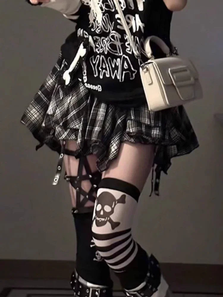 Asymmetrical Plaid Skirt with Straps High Waist Harajuku Mini Skirt Kpop Punk Gothic Red Black Tartan Skort Grunge Y2K Alt Girls
