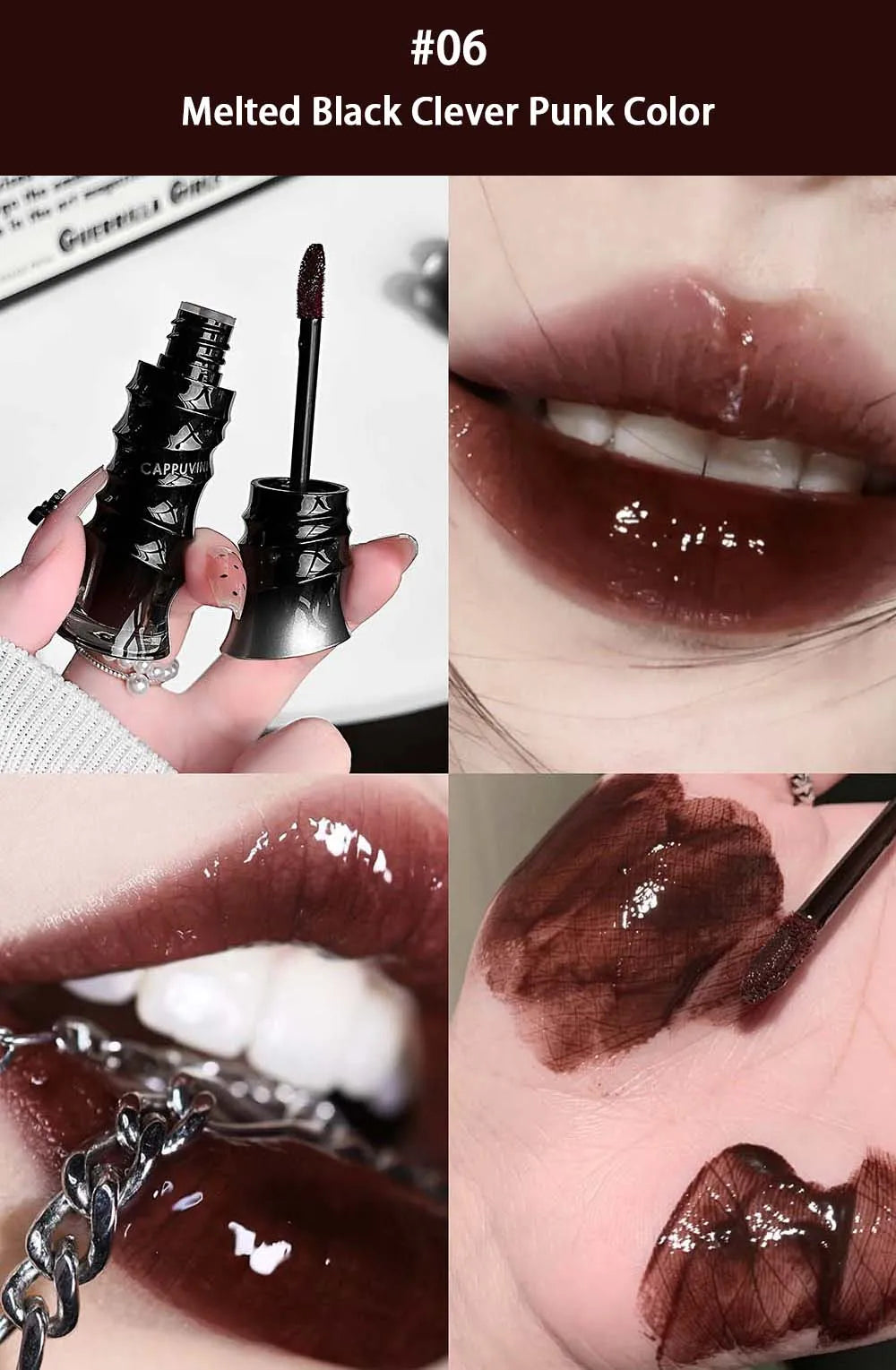 Punk Dark Red Lip Gloss Mirror Shine Silky Moisturizing Texture Lip Glaze Non-Sticky Chocolate Red Cherry Watery Glossy Lip Tint