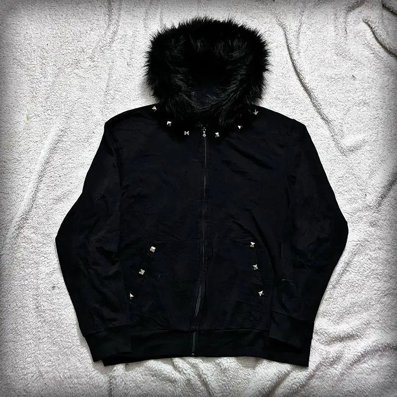 Y2K Spicy girl style plush hooded short zipper sweatshirt Studded white cropped Zip Hoodies personality Sweet Cool Zipper coat