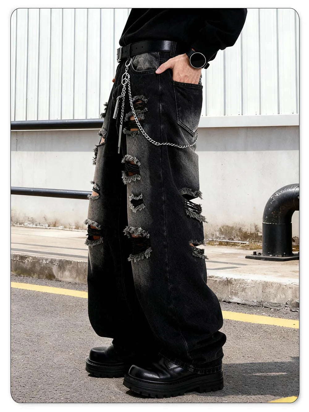 American Street Retro Men's Black Baggy Wide Leg Ripped Jeans Gothic Tear Style Unisex Loose Straight Leg Denim Pants Clothes