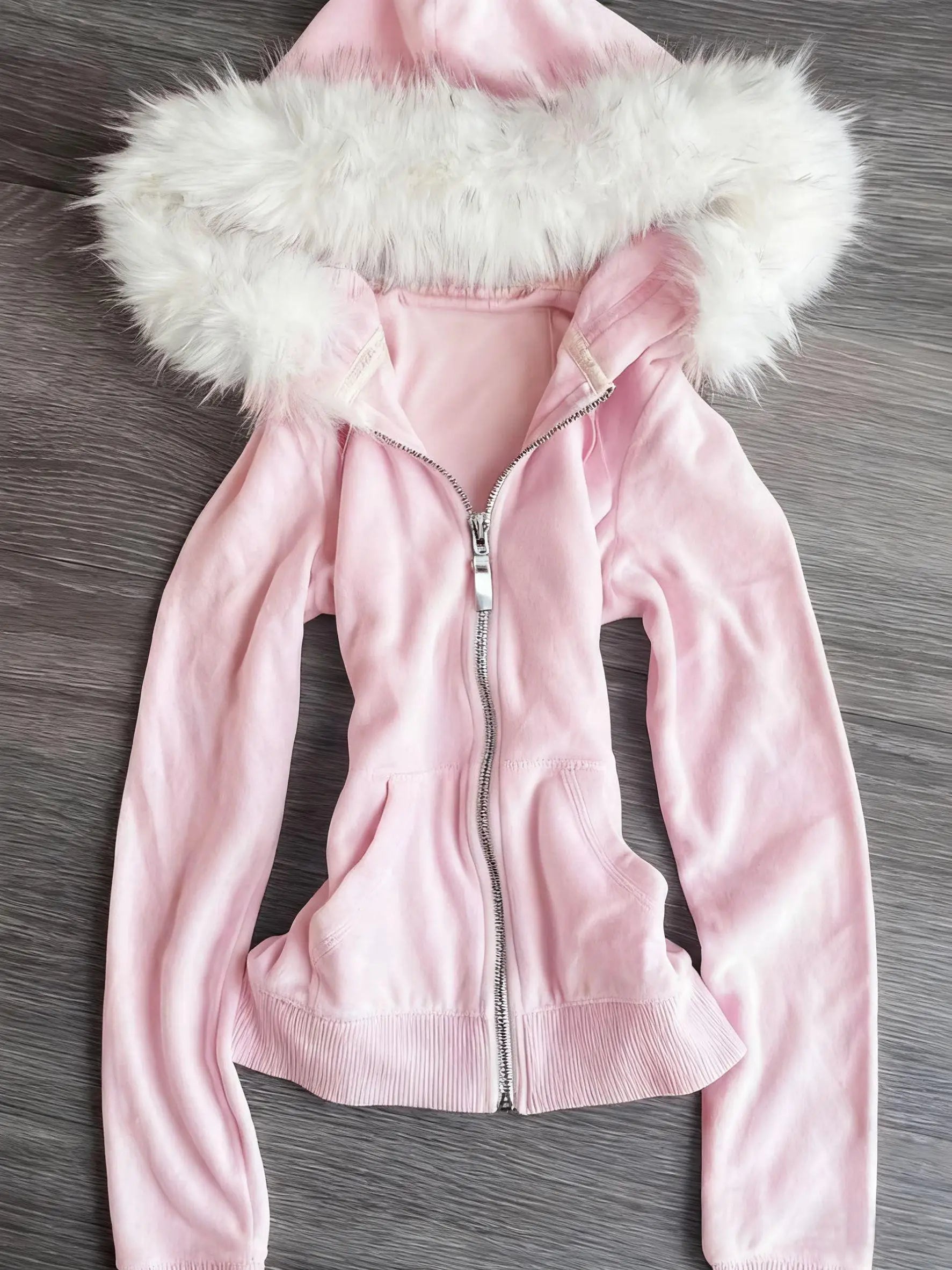 Y2K Spicy girl style plush hooded short zipper sweatshirt Studded white cropped Zip Hoodies personality Sweet Cool Zipper coat