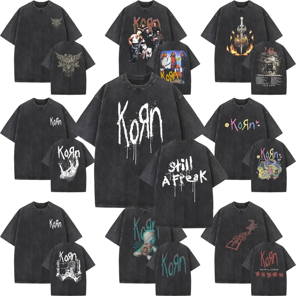 Rock Band Korn Ftl 25 Follow The Leader Double Sided Print T Shirt Men Gothic Casual Oversized Tees Unisex Washed Vintage Tshirt