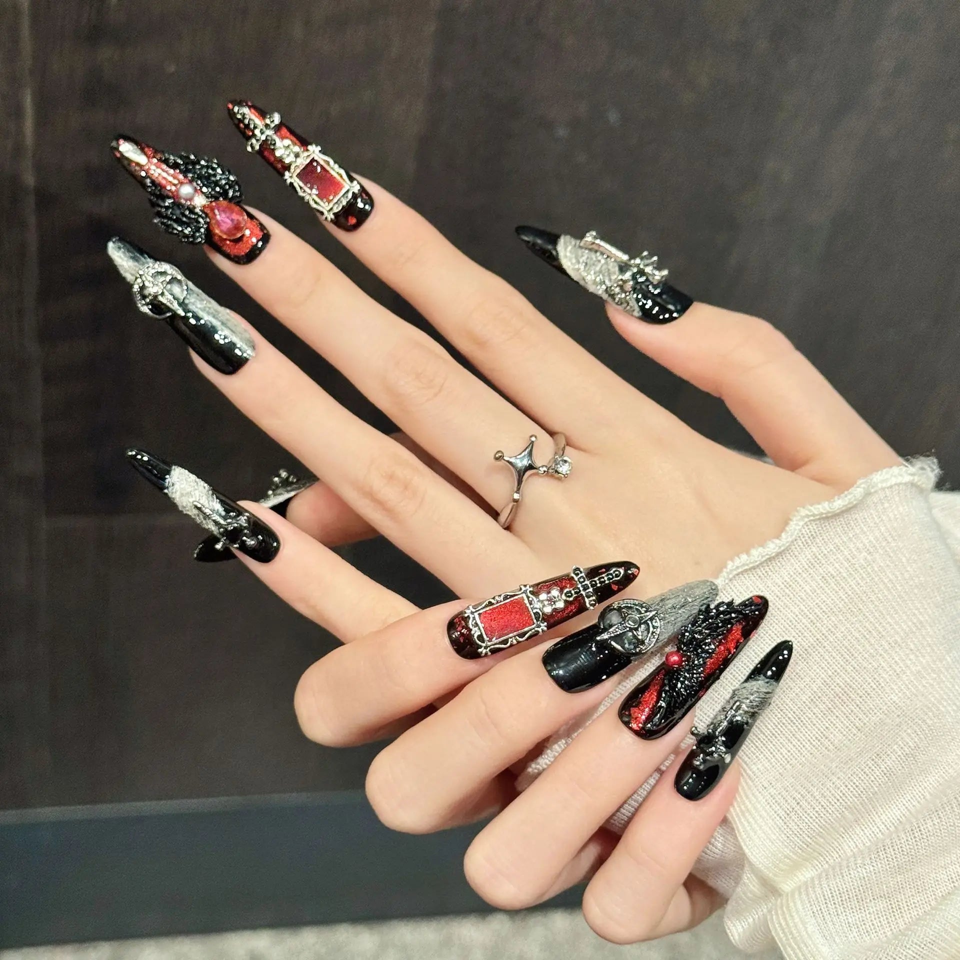 10PCS Stiletto Handmade Press On Nails,Skeleton Cross Heavy Metal Niche Punk,Suitable For Festivals Parties And Daily Wear