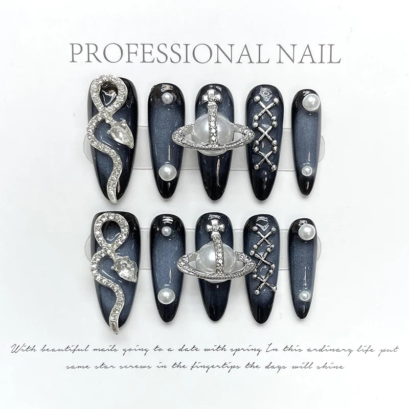 10pcs Dark black Y2k Hot Girl Handmade Press On Nails Sweet Cool  With Diamond Metal Decoration Wearable Artificial False Nail