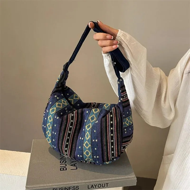 Tribal Style Shoulder Bag, Foldable Crossbody with Zipper Closure, Striped Pattern, Edge Painted Lining