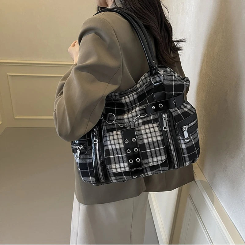 SHELKSBAG Punk Plaid Shoulder Bag Rise Up Gothic Alternative Handcuff Top Handle Tote Women 2025 Trendy New in Crossbody Bags