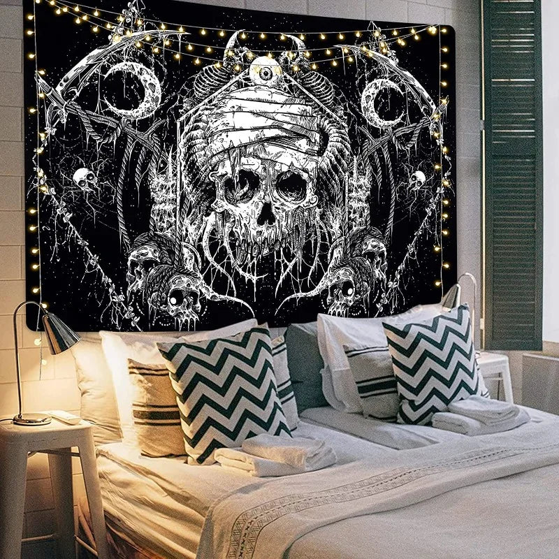 Gothic Skull Tapestry Black and White Skeleton Tapestry Wall Hanging for Bedroom Hippie Eyes Boho Home Decor Trippy Moon Cloth
