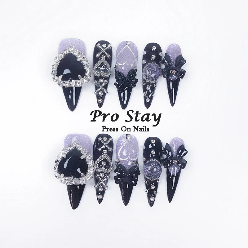 10pcs Dark black Y2k Hot Girl Handmade Press On Nails Sweet Cool  With Diamond Metal Decoration Wearable Artificial False Nail