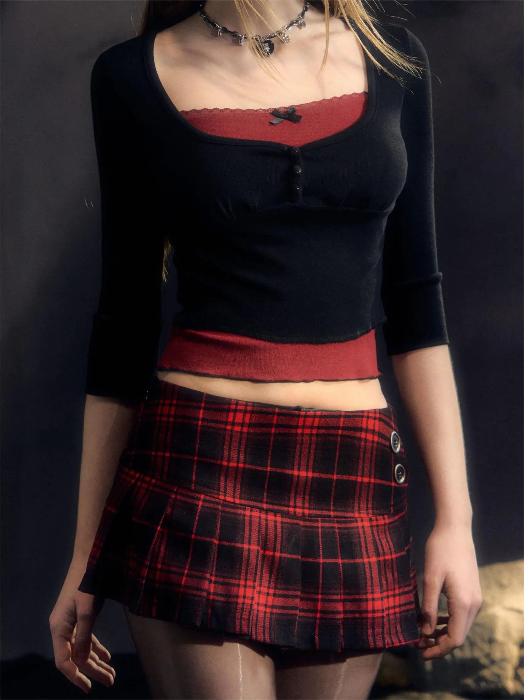 Summer Mini Skirts For Woman Vintage Korean Fashion Red Plaid Skirt Women Y2k Clothes Skirts Buttons Pleated Skirts Preppy Style