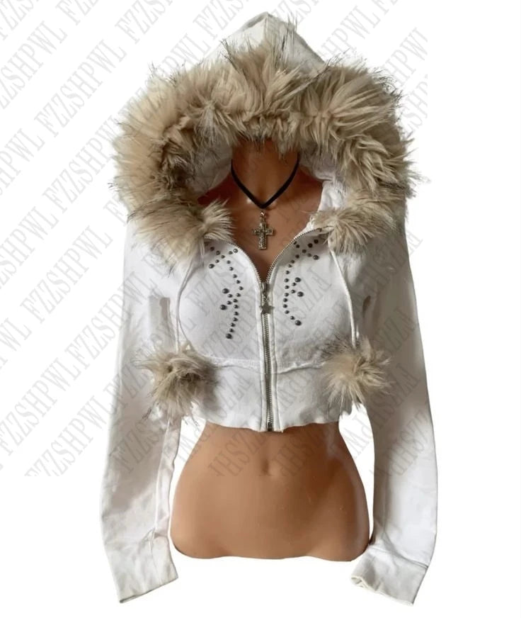 Y2K Spicy girl style plush hooded short zipper sweatshirt Studded white cropped Zip Hoodies personality Sweet Cool Zipper coat