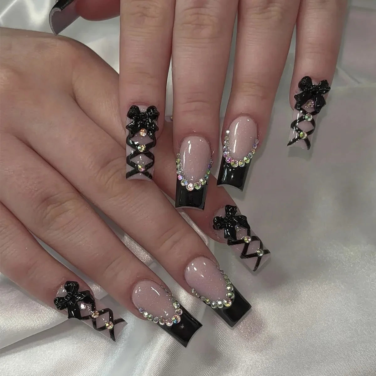 24Pcs Long Coffin French False Nails with Glue Bow Diamond Stick on Press on Acrylic Nails Black Ballerina Nail Art Manicure Tip