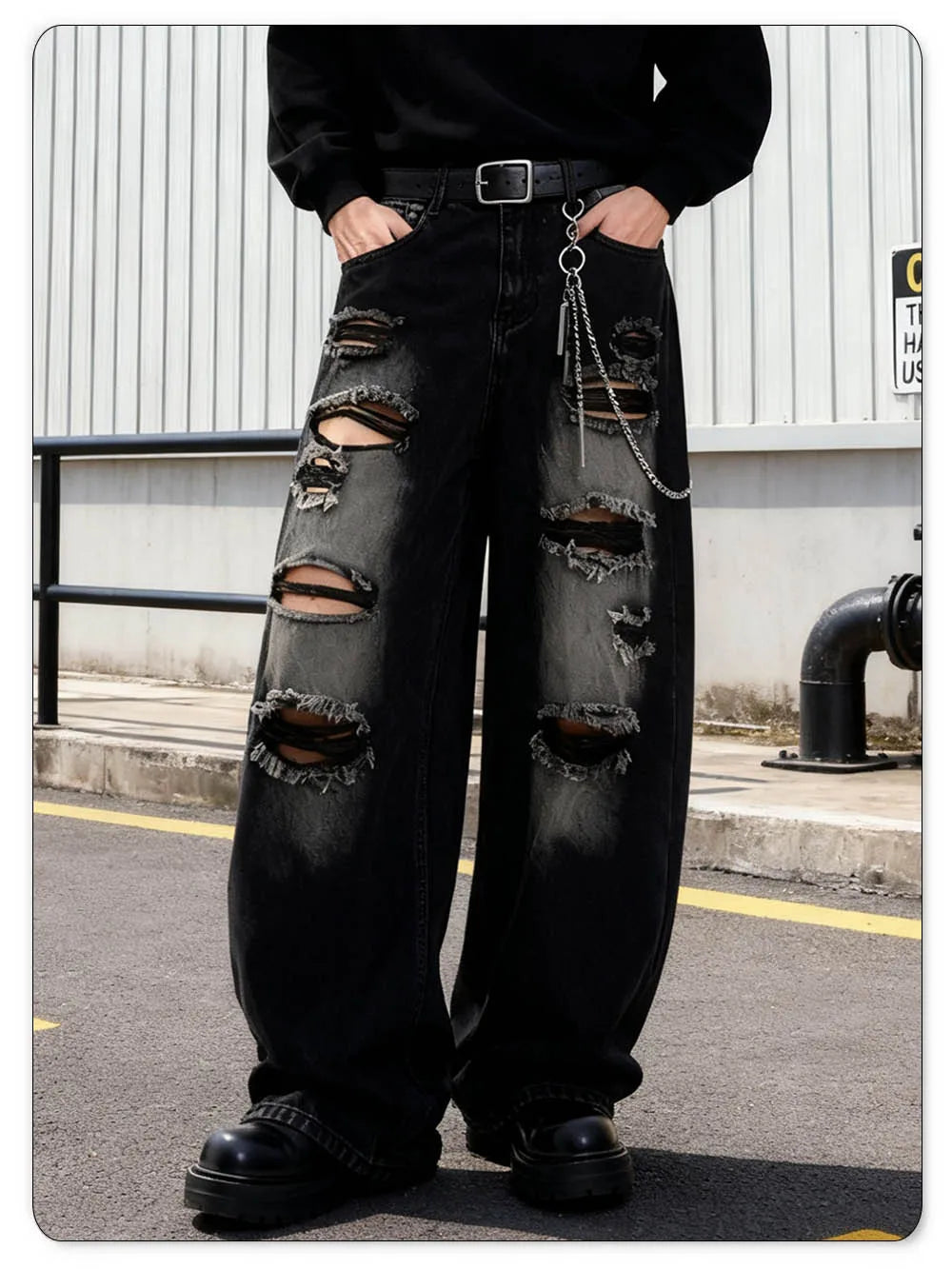 American Street Retro Men's Black Baggy Wide Leg Ripped Jeans Gothic Tear Style Unisex Loose Straight Leg Denim Pants Clothes