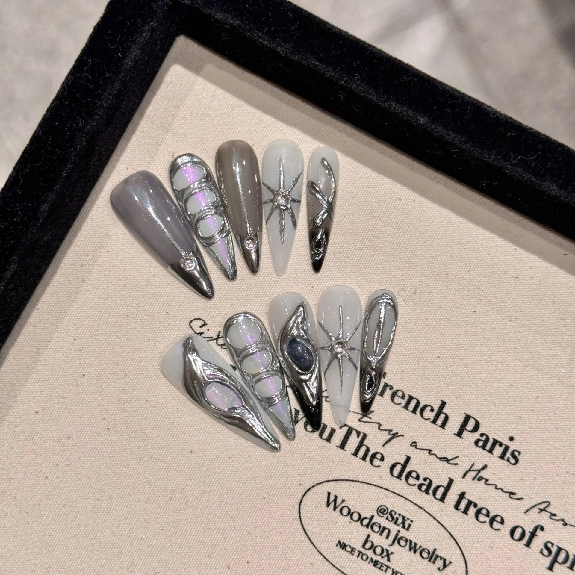 Long Stiletto Press on Fake Nails Blue Heart Diamond Bow Decoration False Nail Y2K Fashion Artificial Nail Handmade Acrylic Nail
