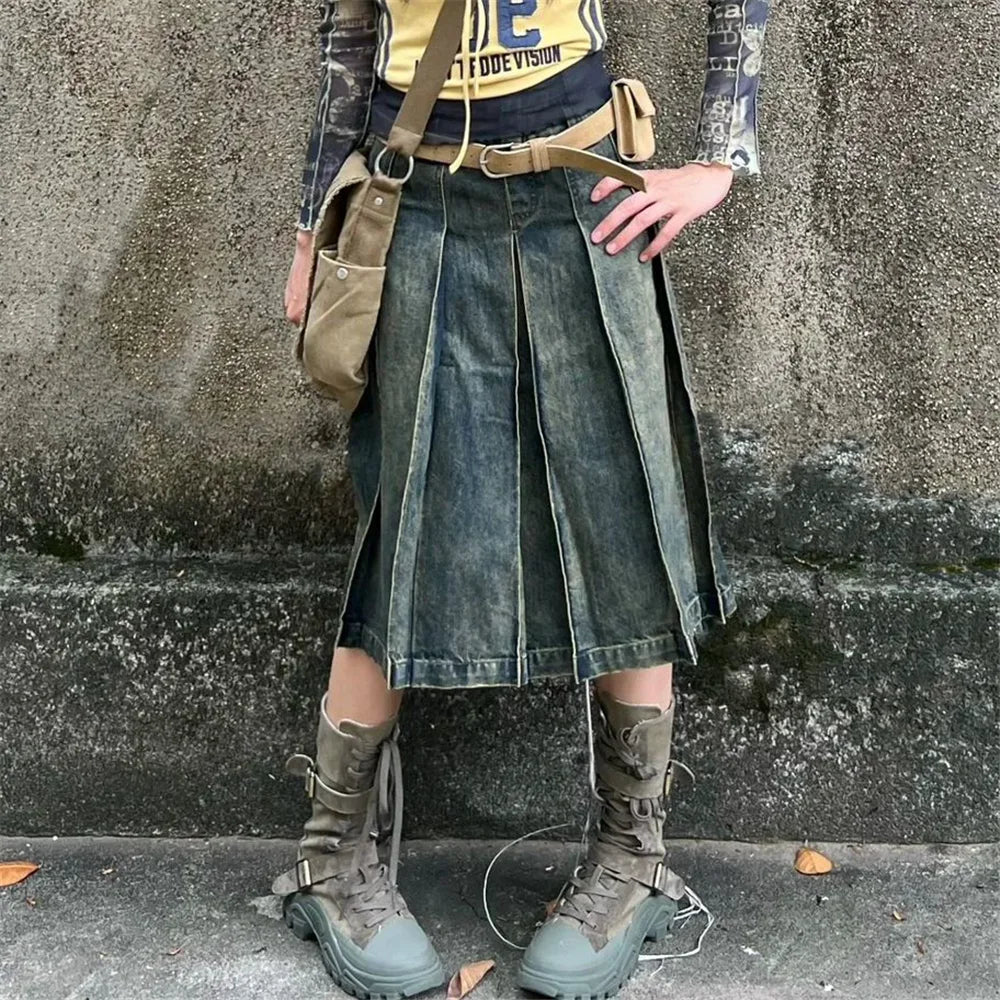 American Style Gothic Denim Skirts Women Streetwear Y2k High Waisted Vintage A- Line Middle Long Dress Trendy Fashionable Skirts