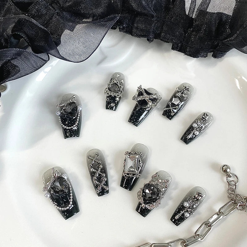 10 pieces of handmade coffin shaped nails, beautiful fake nails, dark gothic nail art, cool metal decoration, suitable for women