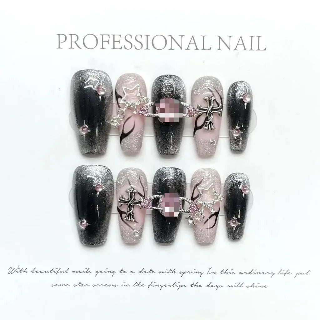 Artificial Nail Sparkling Pink Diamond Surrounding Planet Flame Cat Eye Nails Reusable and Removable Nails