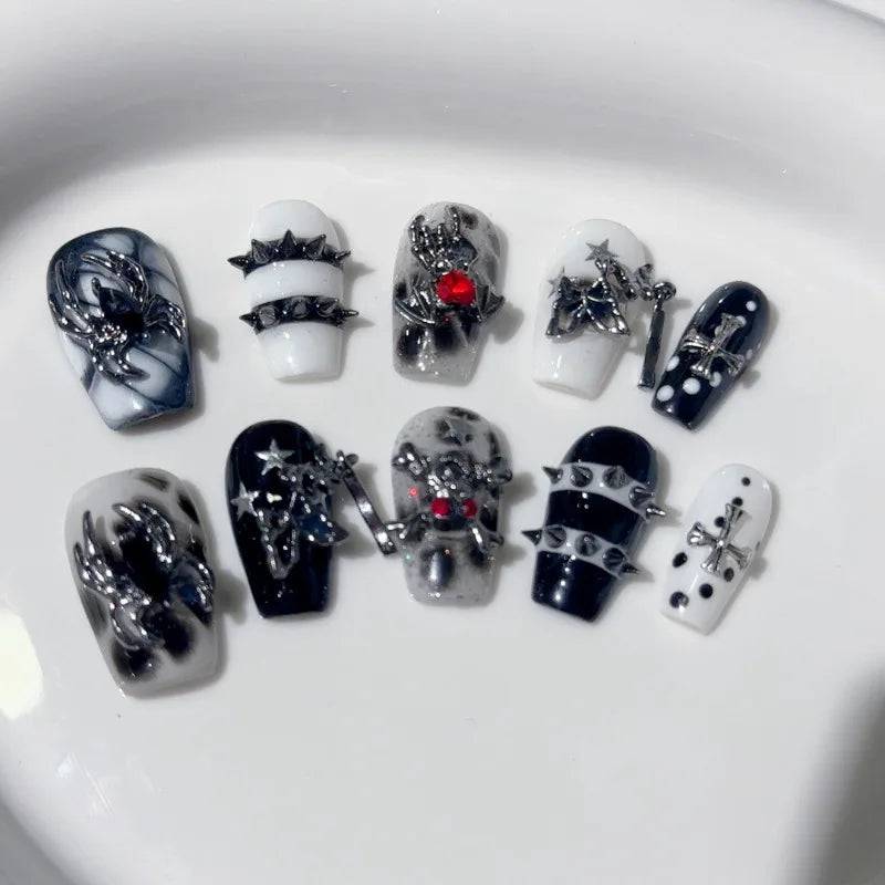 New 10pcs Handmade Gothic Press on Nails Halloween Spider Design Fake Nail Tips Wearable European Heavy Metal Y2k False Nails