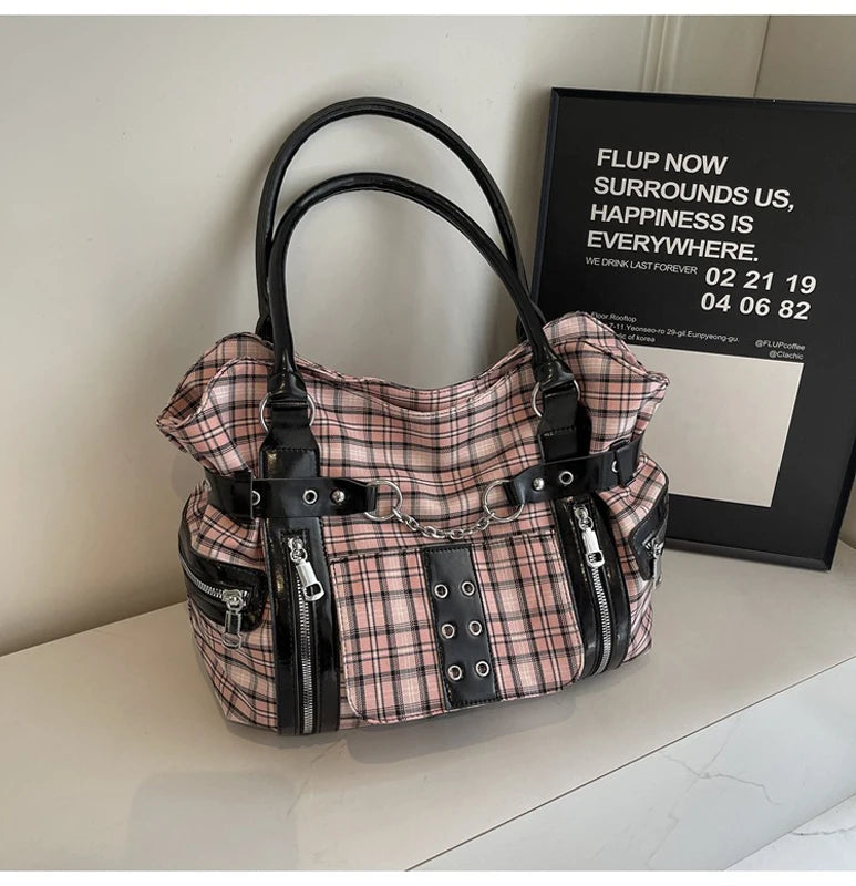 SHELKSBAG Punk Plaid Shoulder Bag Rise Up Gothic Alternative Handcuff Top Handle Tote Women 2025 Trendy New in Crossbody Bags