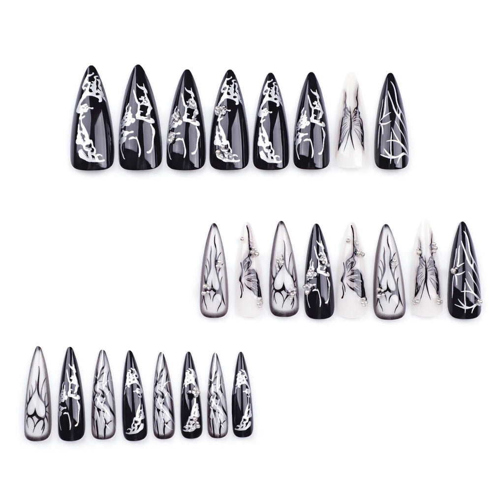 24Pcs Black Y2k Fake Nails with Diamond Halloween Long Almond False Nail Butterfly Design Wearable Oval Press on Nails Tips